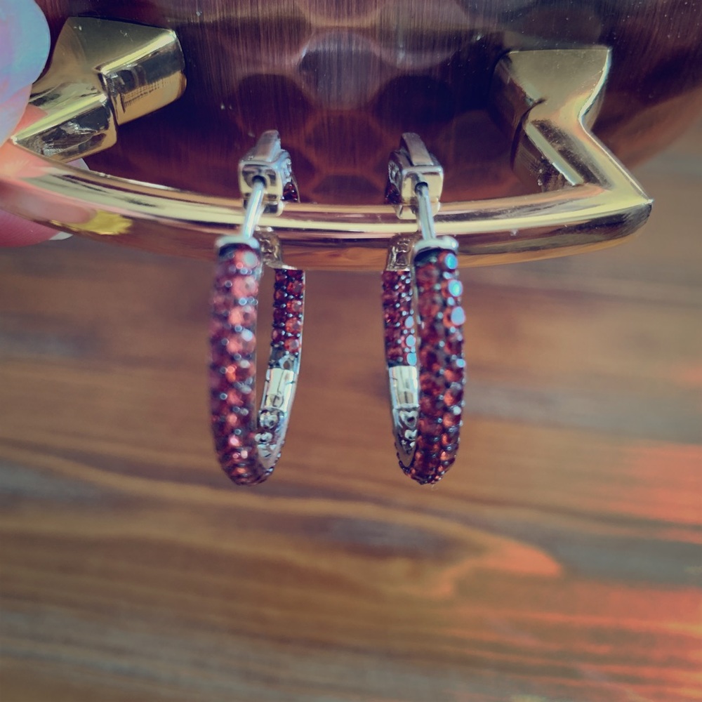 Silver Hoop Earrings, Chocolate Stones